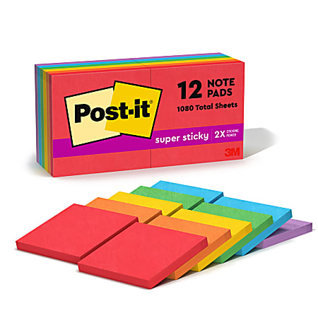Post-it Super Sticky Notes, 3 in x 3 in, 12 Pads, 90 Sheets/Pad, 2x the Sticking Power, Playful Primaries Collection