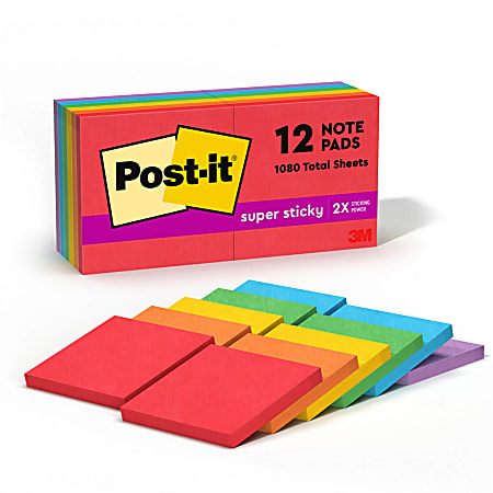 Post-it® Super Sticky Notes, 3 in x 3 in, 12 Pads, 90 Sheets/Pad, 2x the Sticking Power, Playful Primaries Collection