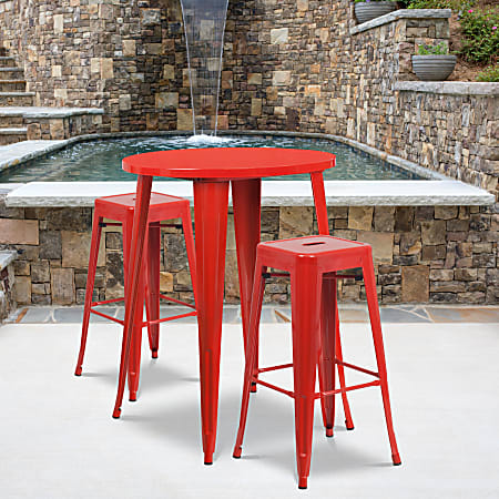 Flash Furniture Commercial-Grade Round Metal Indoor-Outdoor Bar Table Set With 2 Square-Seat Backless Stools, 41"H x 30"W x 30"D, Red