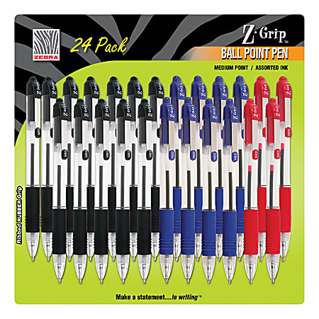 Zebra® Z-Grip™ Retractable Ballpoint Pens, Medium Point, 1.0 mm, Translucent Barrels, Assorted Ink Colors, Pack Of 24