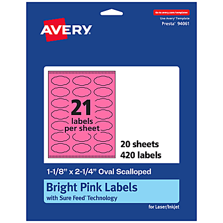 Avery® Print-To-The-Edge Labels With Sure Feed® Technology And Easy Peel®, 94061-BPP20, Oval Scalloped, 1-1/8"x2-1/4", Matte Bright Pink, Pack of 420