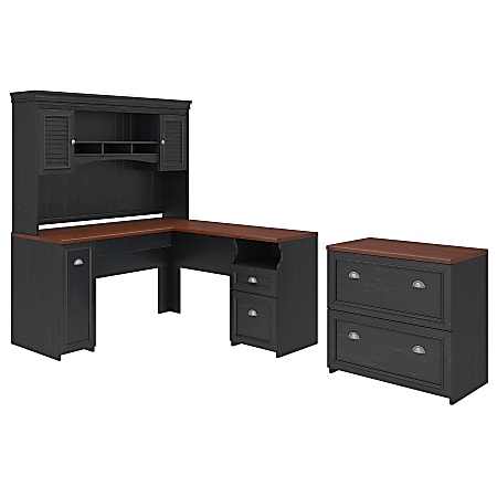 Bush Business Furniture Fairview 60"W L-Shaped Corner Desk With Hutch And Lateral File Cabinet, Antique Black/Hansen Cherry, Standard Delivery