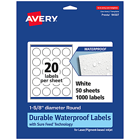 Avery® Waterproof Permanent Labels With Sure Feed®, 94507-WMF50, Round, 1-5/8" Diameter, White, Pack Of 1,000