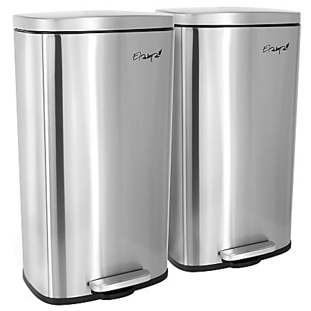 Elama 2-Piece 8-Gallon Rectangular Stainless Steel Twin Step Trash Bins With Slow Close Mechanisms, 25”H x 13-1/2”W x 10”D, Matte Silver