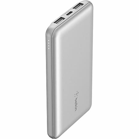 Belkin 15W 3-port USB Power Bank - 10K mAh - 2xUSB-A (12W), 1xUSB-C (15W) - Portable Charger - w/ USB-A to USB-C Cable - Silver -  - BPB011BTSL