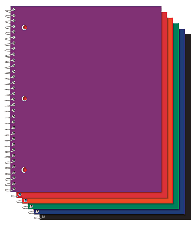 Office Depot® Brand Poly Cover Wirebound Notebook, 3 Hole-Punched, 9" x 11", 1 Subject, College Ruled, 100 Sheets, Assorted Colors (No Color Choice)