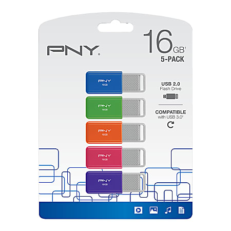 PNY USB 2.0 Flash Drives 16GB Assorted Colors Pack Of 5 Flash Drives -  Office Depot