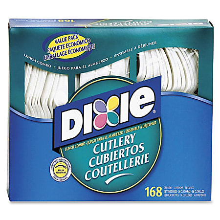 Dixie Heavyweight Disposable Forks, Knives & Spoons Combo Boxes by GP Pro - 168 / Box - 168 Piece(s) - 1008/Carton - Cutlery Set - 56 x Spoon - 56 x Fork - 56 x Knife - Plastic - White