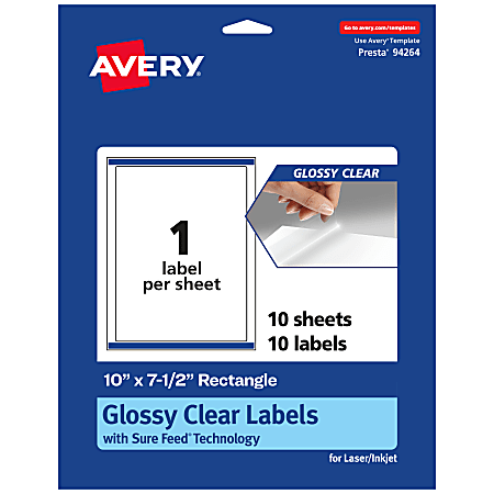 Avery® Glossy Permanent Labels With Sure Feed®, 94264-CGF10, Rectangle, 10" x 7-1/2", Clear, Pack Of 10