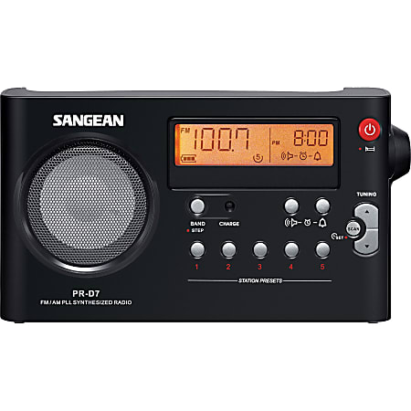 Sangean PR-D7 Desktop Clock Radio, 4-5/8”H x 8-1/2”W x 1-5/8”D, Black