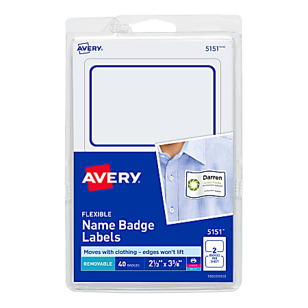 Avery Flexible Name Badge Labels 2 13 x 3 38 White With Blue