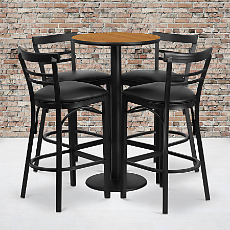 Flash Furniture Round Laminate Table Set With Round Base And Four 2-Slat Ladder-Back Metal Barstools, 42"H x 24"W x 24"D, Natural/Black