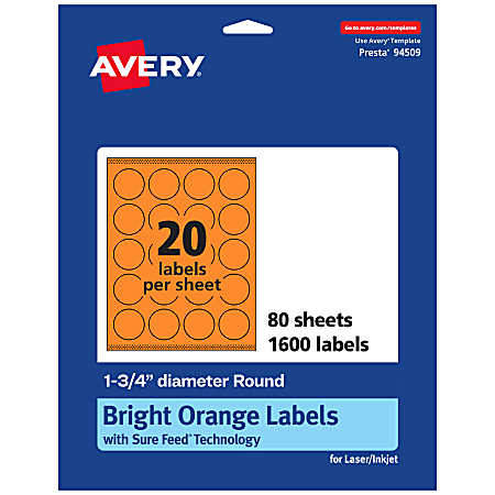 Avery® Print-To-The-Edge Labels With Sure Feed® Technology And Easy Peel® Label Feature, 94509-BOP80, Round, 1-3/4", Matte Bright Orange, Pack of 1600