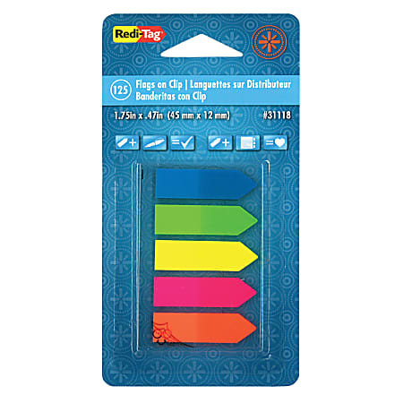 Redi-Tag See Note Arrow Page Flags On Clip-On Holder, 1 3/4" x 15/32", Assorted Neon Colors, Pack Of 125