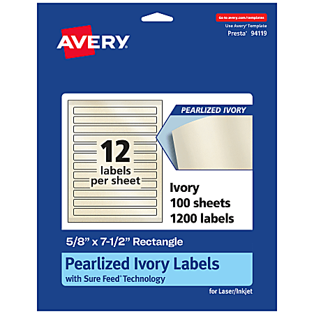 Avery® Pearlized Permanent Labels With Sure Feed®, 94119-PIP100, Rectangle, 5/8" x 7-1/2", Ivory, Pack Of 1,200 Labels
