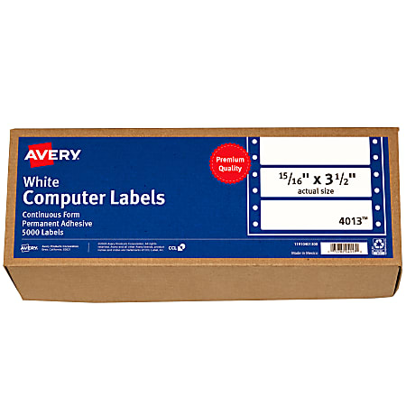 Avery® Continuous Form Permanent Address Labels, 4013, Rectangle, 3 1/2" x 15/16", White, Pack Of 5,000