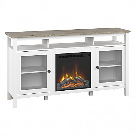 Bush® Furniture Mayfield Electric Fireplace TV Stand for 70" TVs, 32-2/5"H x 60-1/4"W x 15-5/8"D, Shiplap Gray/Pure White, Standard Delivery
