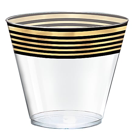 Amscan Stripe Premium Plastic Tumblers, 9 Oz, Black/Metallic Gold, 24 Tumblers Per Pack, Case Of 2 Packs