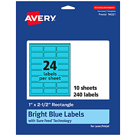 Avery® Printable Labels With Sure Feed® Technology, 94221-BBP10, Rectangle, 1" x 2-1/2", Matte Bright Blue, Pack of 240