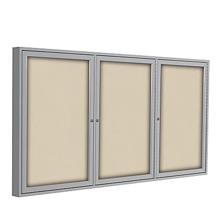 Ghent Traditional 3-Door Enclosed Fabric Bulletin Board, 36" x 72", Beige, Satin Aluminum Frame