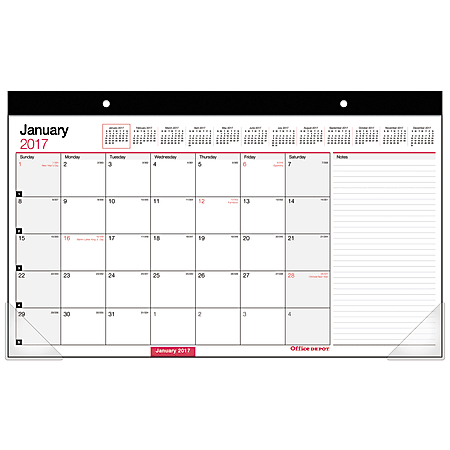 Office Depot® Brand Monthly Desk Pad Calendar, 17" x 10", 30% Recycled, Black/Red, January to December 2017