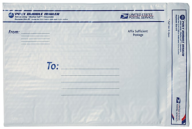 USPS® Premium Poly Bubble Mailer, #5, 12" x 17 5/8", White