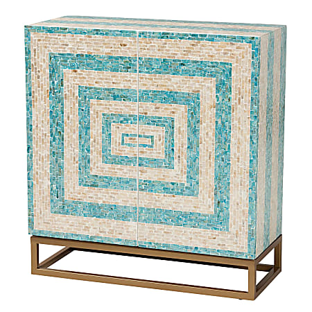 Baxton Studio Utari 28"W Modern Bohemian Mother of Pearl Storage Cabinet, Mosaic Beige/Blue/White/Gold