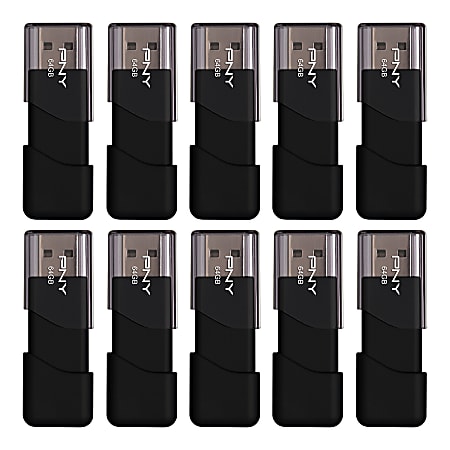 PNY Attaché 3 USB 2.0 Flash Drives, 64GB, Black, Pack Of 10 Drives