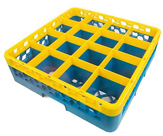 Carlisle Opticlean 16-Compartment Glass Rack With Extender, 5-1/2"H x 19-7/8"W x 19-7/8"D, Blue/Yellow