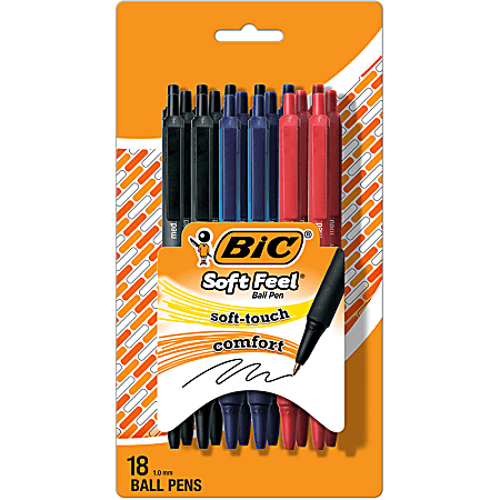 BIC Soft Feel Retractable Ball Point Pen, Medium Point, 1.0mm, Business Assorted, Assorted Barrels, Pack Of 18
