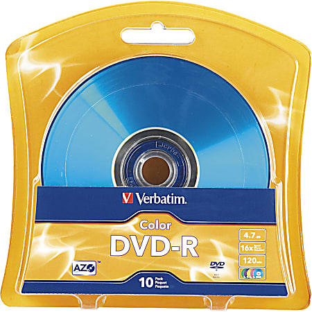 Verbatim AZO DVD-R 4.7GB 16X Vibrant Colors - 10pk Blister, Assorted - 120mm - 2 Hour Maximum Recording Time