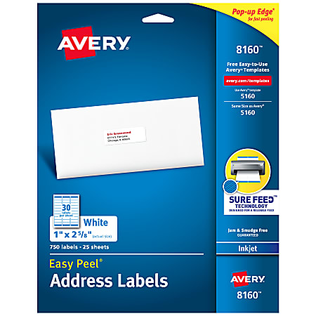 Avery® Easy Peel® Address Labels With Sure Feed® Technology, 8160, 1" x 2 5/8", White, Box Of 750