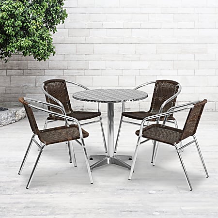 Flash Furniture Lila 5-Piece 27-1/2" Round Aluminum Indoor/Outdoor Table Set With Rattan Chairs, Dark Brown