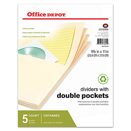 Office Depot® Brand Untabbed Dividers With Double Pockets, Buff, Pack Of 5