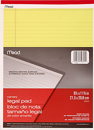 Mead® Legal Pad, Letter, 8-1/2" x 11", 50 Sheets, Canary