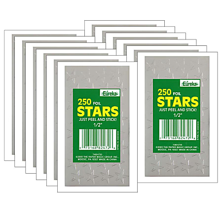 Eureka Presto-Stick Foil Star Stickers, 1/2", Silver, 250 Stickers Per Pack, Set Of 12 Packs