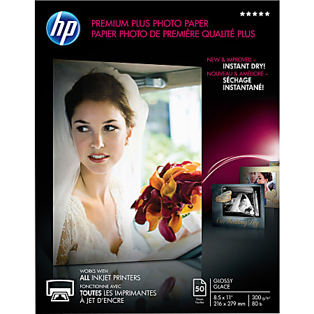 HP Premium Plus Photo Paper for Inkjet Printers, Glossy, Letter Size (8 1/2" x 11"), 80 Lb, Pack Of 50 Sheets (CR664A)