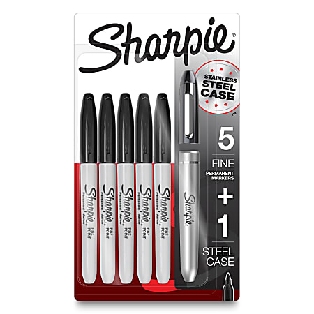 Sharpie® Permanent Markers With Stainless-Steel Marker Case, Fine Point, Stainless-Steel Barrels/Black Ink, Pack Of 5 Markers