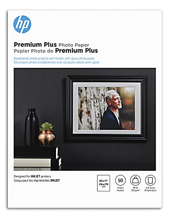 HP Premium Plus Photo Paper for Inkjet Printers, Soft Gloss, Letter Size (8 1/2" x 11"), 80 Lb, Pack Of 50 Sheets (CR667A)