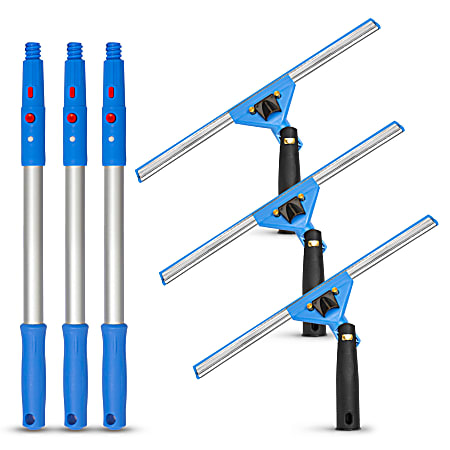 Gritt Commercial Swivel Window Squeegee And Pole Window Washing Kit, 14" Squeegee/20" Pole, Multicolor, Pack Of 3 Kits