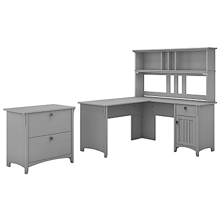 Bush Furniture Salinas 60"W L Shaped Desk with Hutch and Lateral File Cabinet, Cape Cod Gray, Standard Delivery