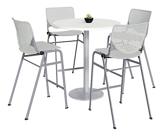 KFI Studios KOOL Round Pedestal Table With 4 Stacking Chairs, White/Light Gray