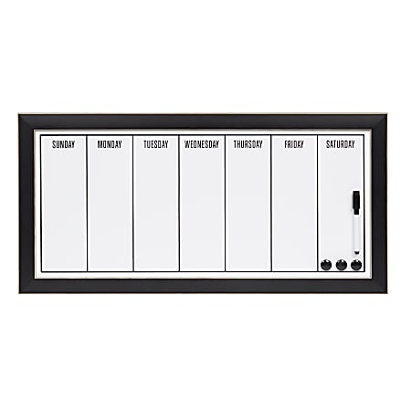 DesignOvations Wyeth Magnetic Framed Dry-Erase Weekly Calendar, Melamine, 13” x 26”, White, Black Plastic Frame