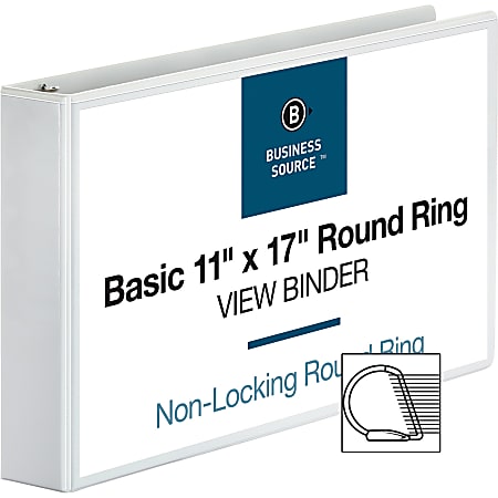 Business Source Round Ring Reference Binder, 2" Ring, 11" x 17", White