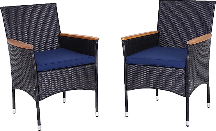 PHI VILLA Rattan Steel Patio Outdoor Dining Chairs, Dark Brown/Blue, Set Of 2 Chairs