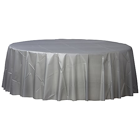 Amscan 77017 Solid Round Plastic Table Covers, 84", Silver, Pack Of 6 Covers