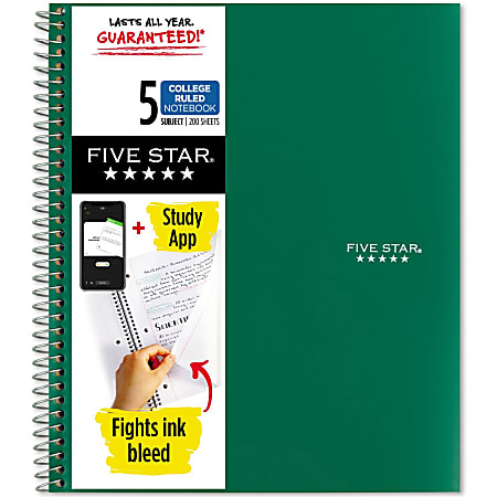 Mead® Five Star® Wire-Bound Notebook, 8.5" x 11", 5 Subject, College Ruled, 200 Sheets, Green