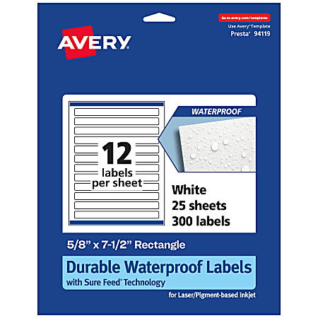Avery® Waterproof Permanent Labels With Sure Feed®, 94119-WMF25, Rectangle, 5/8" x 7-1/2", White, Pack Of 300