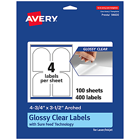 Avery® Glossy Permanent Labels With Sure Feed®, 94600-CGF100, Arched, 4-3/4" x 3-1/2", Clear, Pack Of 400