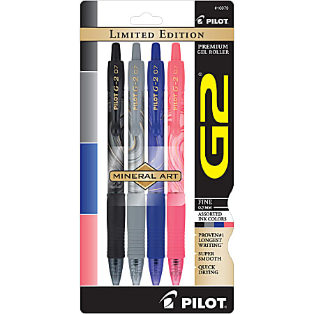 Pilot G2 Retractable Gel Pens, Fine Point, 0.7 mm, Mineral Art Design Barrels, Assorted Ink, Pack Of 4 Pens